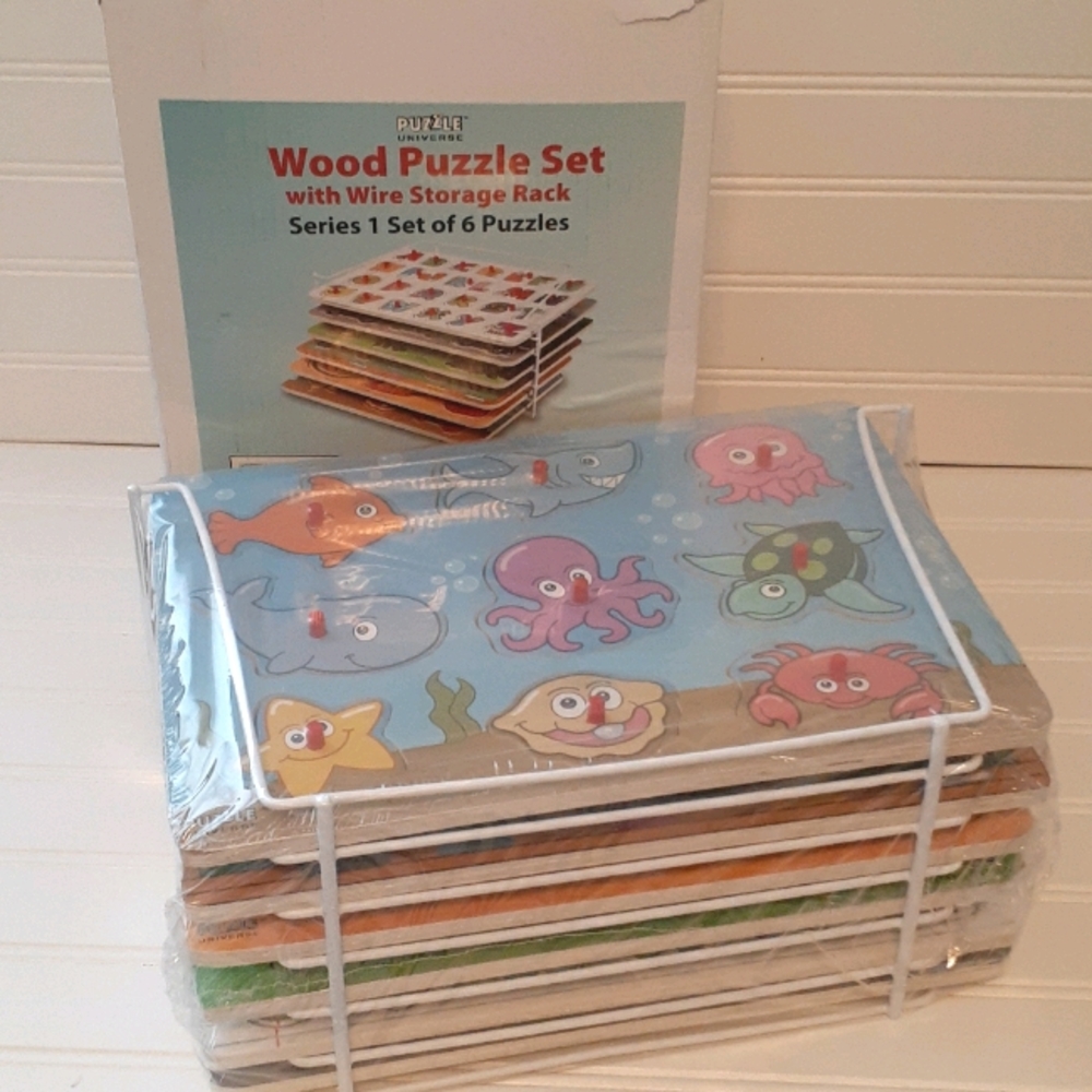 Puzzle Universe Wood Peg Set w/ Wire Storage